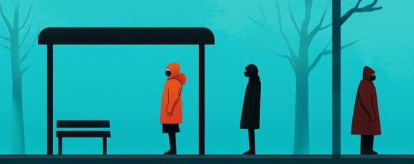 A minimalist illustration of people waiting at a bus stop, featuring distinct silhouettes in an atmospheric, cool-toned setting.