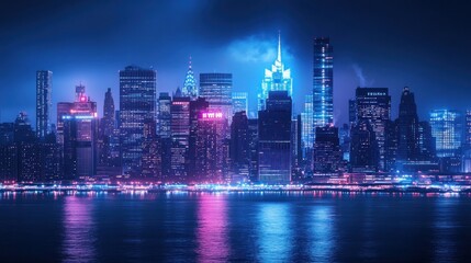 Obraz premium Financial district skyline with stock ticker overlay, dynamic numbers scrolling, city lights