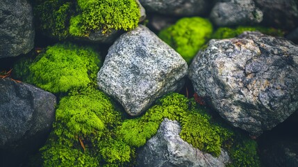 A close-up view of green moss growing on grey rocks in a forest.