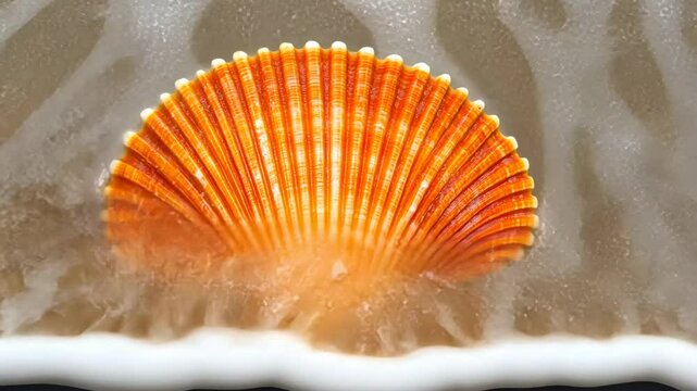 An orange scallop shell is shown in a close-up, with white edges surrounding it