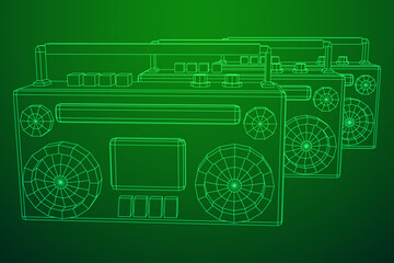 Retro Boombox outdated portable cassette tape recorder. Wireframe low poly mesh vector illustration.