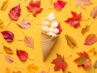 A creatively decorated ice cream cone sits on a yellow background, surrounded by leaves in autumn colors of red and orange.