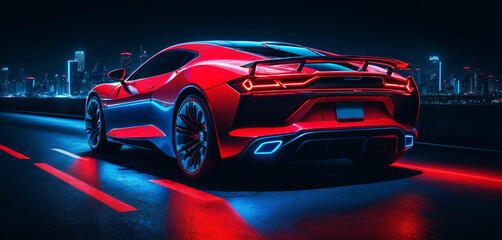 Sports car parked on a neon-lit city street at night