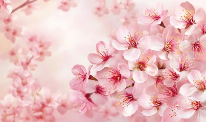 Delicate Pink Cherry Blossoms or Sakura Flowers in Springtime Floral Arrangement. Soft, Romantic and Serene Backdrop with Vibrant Petals and Fragrant Blooming Branches