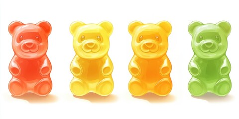 Four bears of different colors, one of which is green. They are sitting on a white background