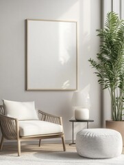 Furniture in a modern living room, with a blank wall for personalization.