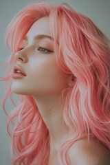 Fototapeta premium A modern portrait of a young woman with pink hair, showcasing her chic style and fashion-forward makeup.