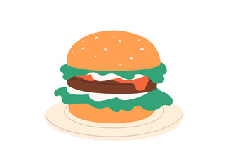 Icon of tasty burger on plate. Hamburger in fastfood restaurant. Served sesame buns, meat cutlet and fresh vegetables. American fast food. Flat isolated vector illustration on white background