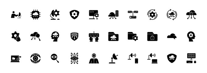  Icon Glyph Information Technology icon set. Included cloud computing, IT manager, big data, internet, network security, spyware, cloud computing, binary code and more. Solid black style