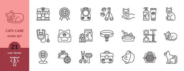 Cats Care line icons vector set. Linear icon Isolated on white background. 