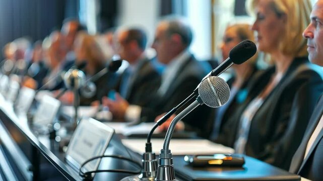 Row of microphones standing on table at a press conference with politicians sitting in background, concept of safety and security