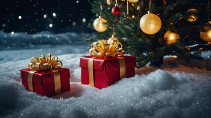 New Year's balls and gifts in the snow near the Christmas tree. Christmas night. background