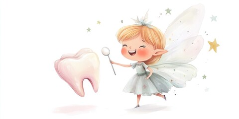 Cute illustration of a little girl fairy looking at her teeth with a toothbrush. Encouraging children's dental hygiene and promoting the importance of healthy teeth.