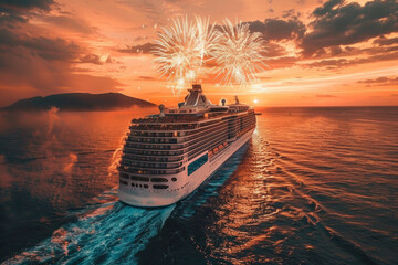 A luxury cruise ship sails on the sea against the background of sunset. Fireworks as a holiday concept. Christmas trip.