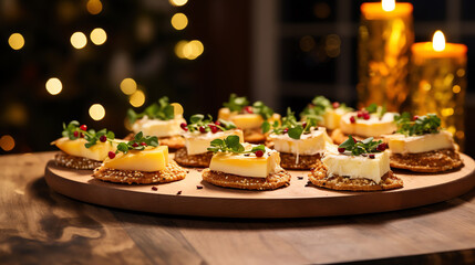 Naklejka premium Elegant holiday canapés on serving platter with bokeh lights