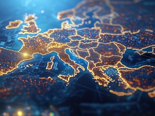 Stylized European map glowing with bright city lights, symbolizing travel destinations or nighttime tourism industry.