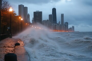Storm Surge Crashing Against City Skyline at Dusk