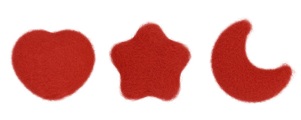3D Icons, Red Wool Felt Textured Heart, Star and Moon, Shape Set, Aesthetic Icons, Warm and Cozy, Christmas Icon