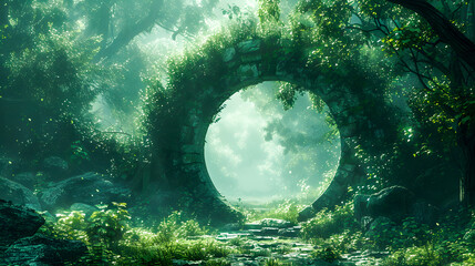 Magical portal with arch made with tree branches in forest