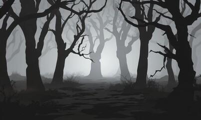 Creepy dark forest with dry trees
