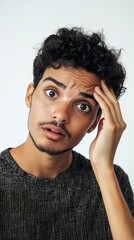 Surprised young man with curly hair, expressing confusion and curiosity.