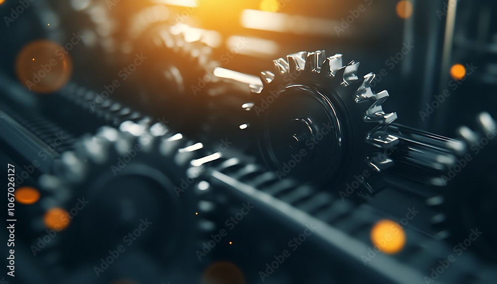 Poster a close-up of intricate gears in motion, highlighted by warm lighting, showcasing mechanical efficie
