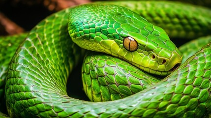 Fototapeta premium Close Up of Vibrant Green Snake with Intricate Scale s in Natural Habitat