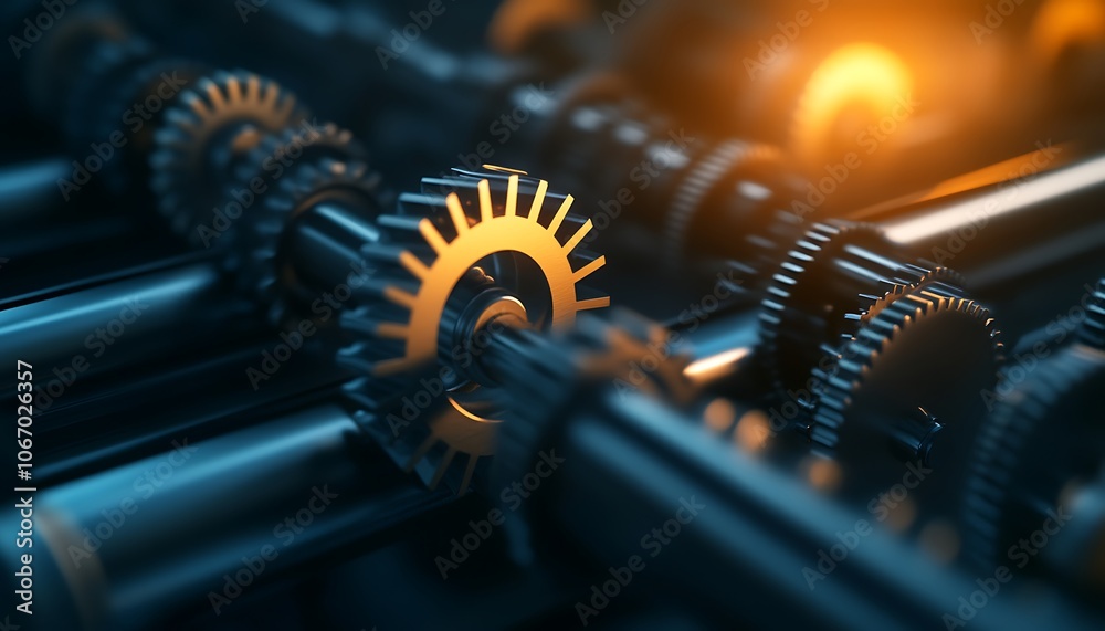 Poster a close-up image of metallic gears and shafts, showcasing intricate mechanical details and illuminat