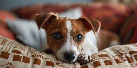 A small dog sitting comfortably on a bed, looking adorable and relaxed.