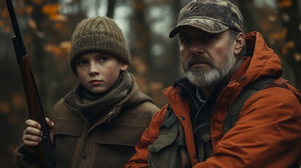 A young boy learns to hunt in the woods with his mentor during autumn as leaves fall from surrounding trees