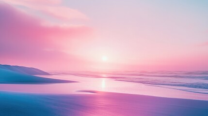 Obraz premium Beautiful sunset at the beach with a pink and purple sky. Calm ocean water reflecting the colors.