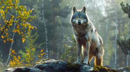 Portrait of a wolf in a forest. The wolf is facing the camera and has a neutral expression 