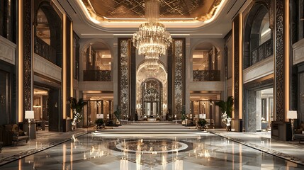 A Majestic Hotel Entrance with a Stunning Chandelier and Opulent Design --ar 16:9 --q 2 - Image #1 @zubilodhra