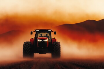 Fototapeta premium Powerful Tractor Drives Through Misty Field at Sunset with Dramatic Mountain Backdrop