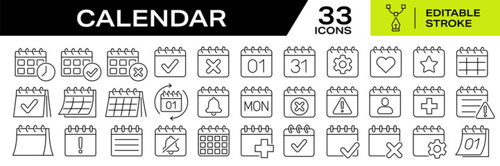 Calendar icons. Editable Line Icons. Editable stroke. Vector