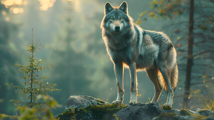 Portrait of a wolf in a forest. The wolf is facing the camera and has a neutral expression 