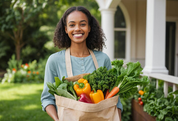 Happy woman holding a bag full of fresh vegetables from her garden.