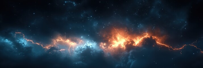 Fototapeta premium A cosmic cloud of orange and blue gas swirls in the vast darkness of space, illuminated by distant stars