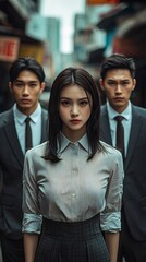 A young and beautiful Asian woman wearing a shirt and skirt, standing behind two young and handsome Asian men in suits, generative ai