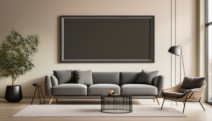  Modern living room with a minimalist grey sofa and a matching lounge chair, both set against