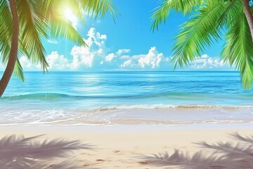 Obraz premium Luxurious tropical beach scene with palm trees and blue sky, perfect vacation spot