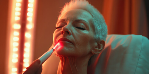 Senior woman receiving red laser facial treatment in medical spa setting for Senior Skin Wellness. Generative ai