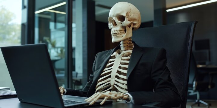 A humorous office scene featuring a skeleton using a computer.