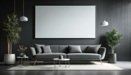  Sleek and simple living room layout with a charcoal lounge chair and sofa against a matte bl 