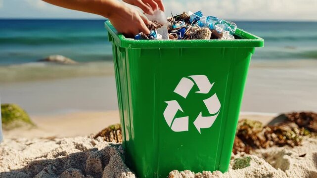 Person throwing garbage into a recycling bin on the beach showcases a commitment to environmental responsibility. The ocean serves as a beautiful backdrop. Highlighting the importance of clean spaces