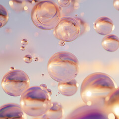 Obraz premium Floating Iridescent Bubbles Against Soft Sunset Sky with Bokeh