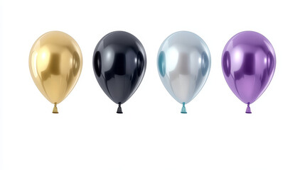 A glossy, realistic vector illustration of a variety of balloons in black, gold, silver, white, purple, green, blue, and red.
