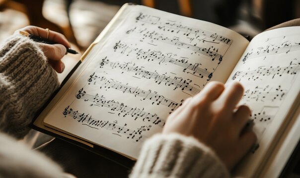 Detailed view of a hand jotting down musical notes on a staff in a music composition notebook