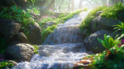 Angle view of very large mountain with big round rocks and lush foliage, ornate stone pool with clear water at bottom, Waterfall from top natural pool, Mini mountain and waterfall  