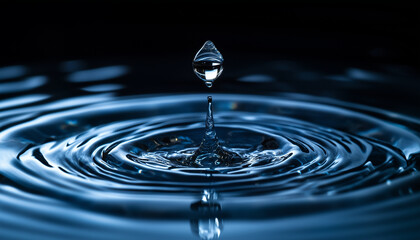 This stunning image captures a single water drop perfectly frozen in mid-air, showcasing its detailed shape and the ripples it creates on the surface below.
